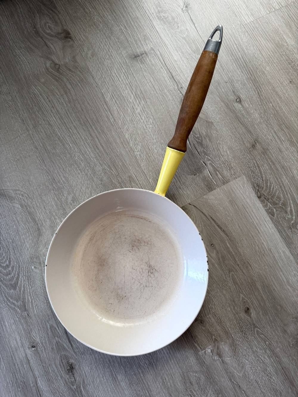 Vintage Le Creuset Elysees Yellow Sauté Pan with Wooden Handle